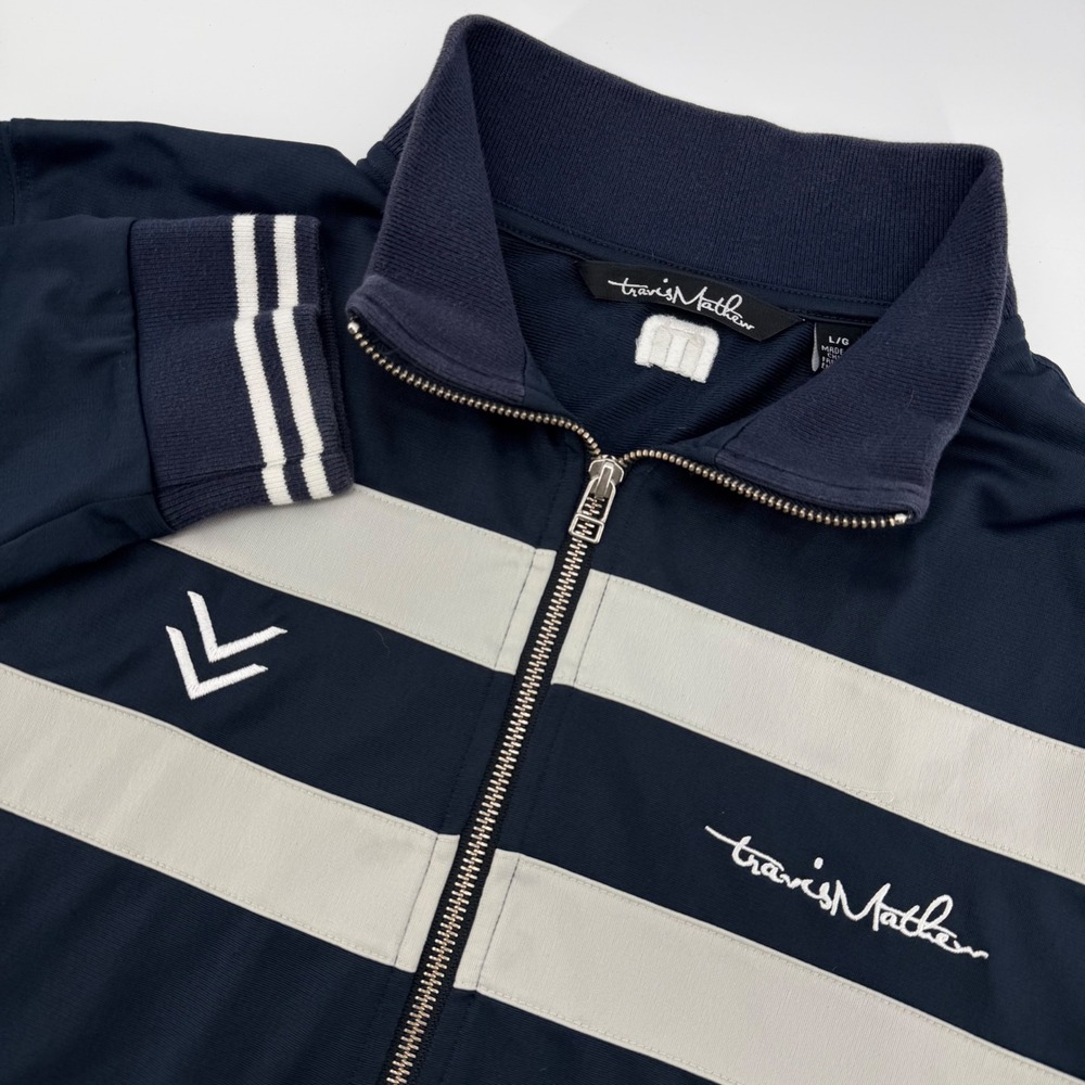 Travis Mathew Track Jacket Mens Large Navy Blue Striped Full Zip Golf Sporty‎